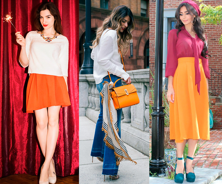Сочетание оранжевого цвета в одежде для женщин с другими цветами