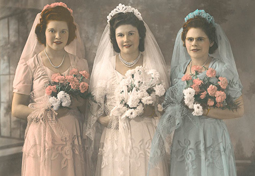Свадебные платья 1940 годов в раскрашенных фотографиях